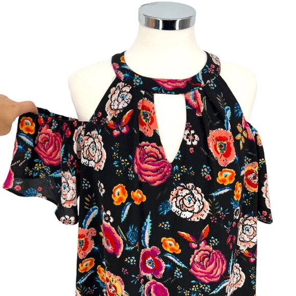Lily Rose Floral Cold Shoulder Mini Dress Black Multicolor Size XL - Picture 2 of 10